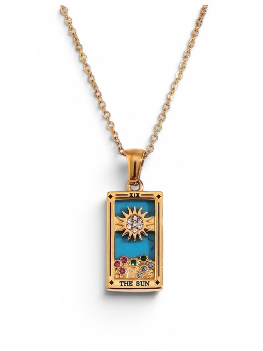 18k Gold Plated The Sun Tarot Card Pendant Necklace . New.